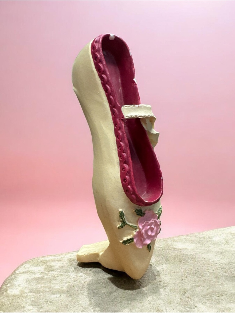 Vintage 4" Ivory/Pink  Ballet Slipper Ballerina Shoe